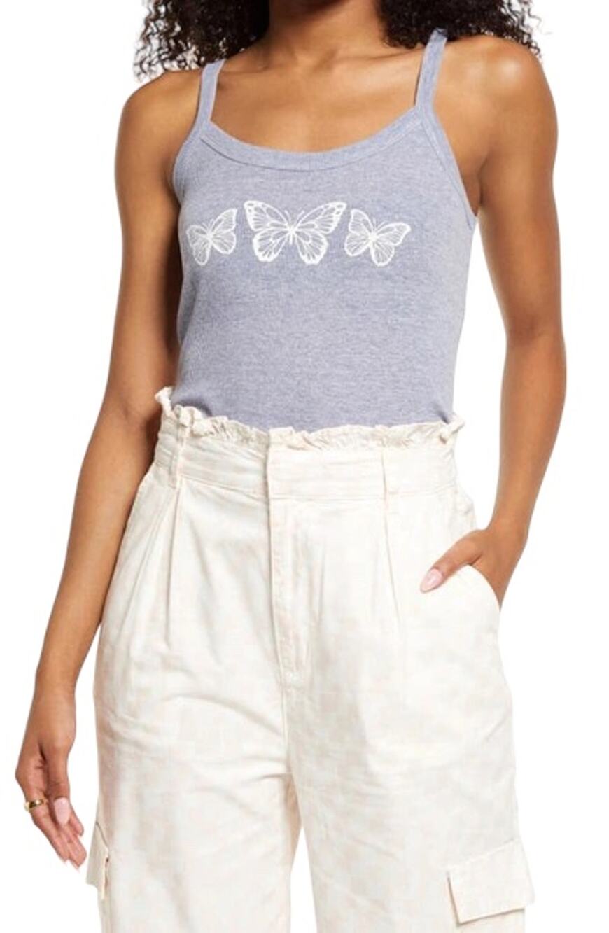 Copied - Bp. Graphic Detail Rib Tank In Grey Butterfly Trio Graphic Nordstrom
